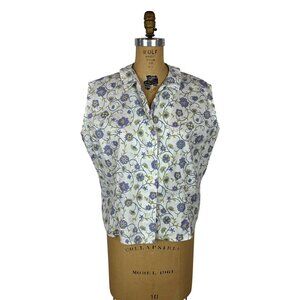 Vintage 50s Sleeveless Blouse Womens 1X Blue Floral Button Down Top Volup